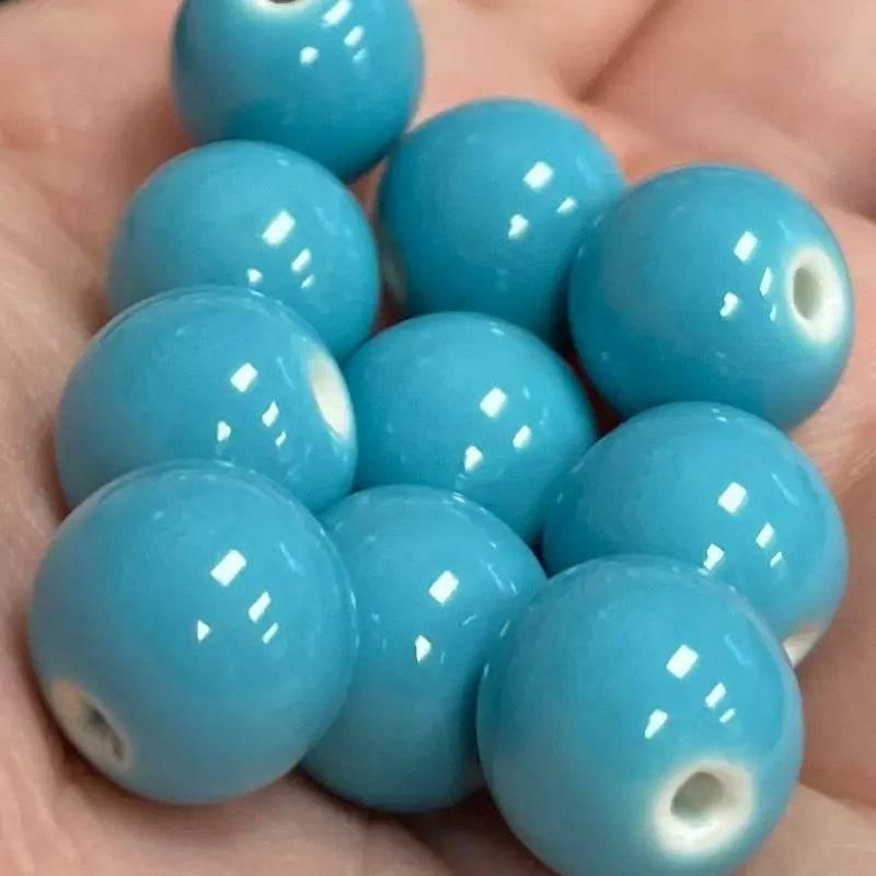 10 Vintage Blue Porcelain Round Beads - Sea Beads