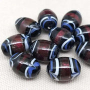 10 Vintage Blue Red Abstract Metallic Oval Glass Beads - Sea Beads