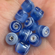 10 Vintage Blue Sapphire White Cylindrical Glass Beads - Sea Beads