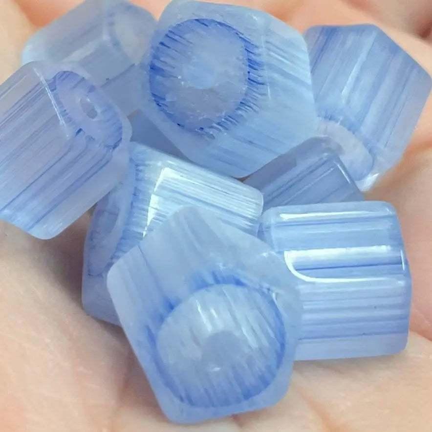 10 Vintage Blue Satin Polygon Glass Beads - Sea Beads