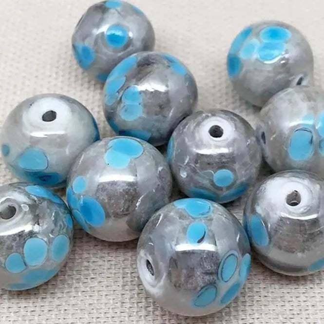 10 Vintage Blue Turquoise Grey Mottled Round Glass Beads - Sea Beads