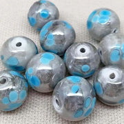 10 Vintage Blue Turquoise Grey Mottled Round Glass Beads - Sea Beads