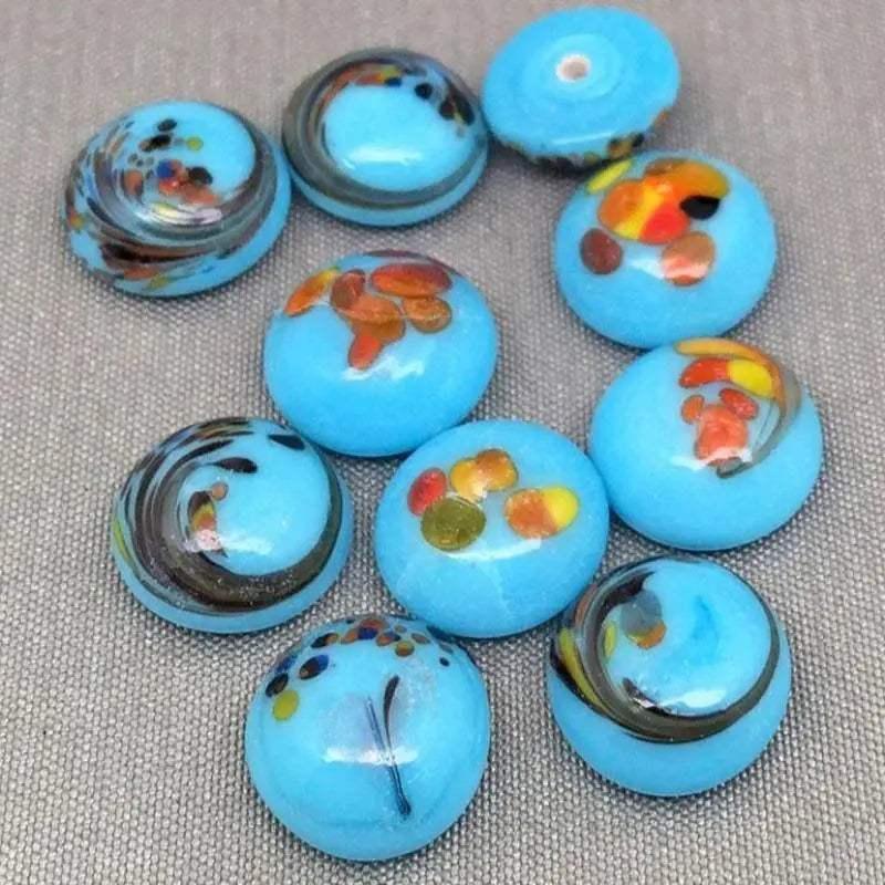 10 Vintage Blue Turquoise Japan Millefiori Round Glass Cabochons - Sea Beads