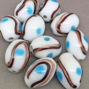 10 Vintage Blue Turquoise White Polka Dot Oval Glass Beads - Sea Beads