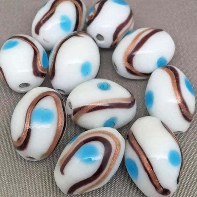 10 Vintage Blue Turquoise White Polka Dot Oval Glass Beads - Sea Beads