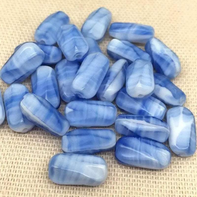 10 Vintage Blue White German Striped Matte Glass Beads - Sea Beads