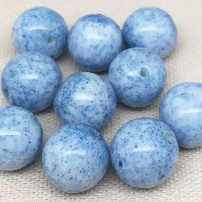 10 Vintage Blue White Mottled Japan Round Glass Beads - Sea Beads