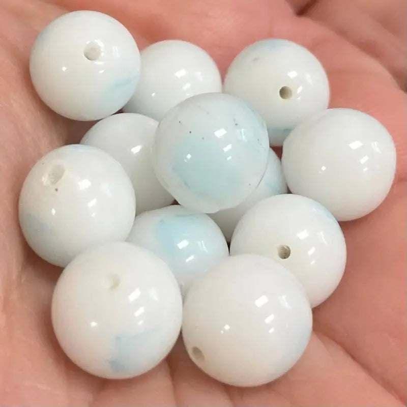10 Vintage Blue White Round Glass Beads - Sea Beads