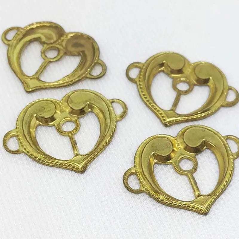 10 Vintage Brass Heart Connectors Bezel Sew On - Sea Beads