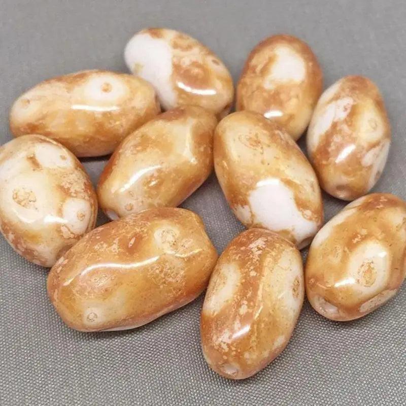 10 Vintage Brown Golden White Austrian Oval Glass Beads - Sea Beads