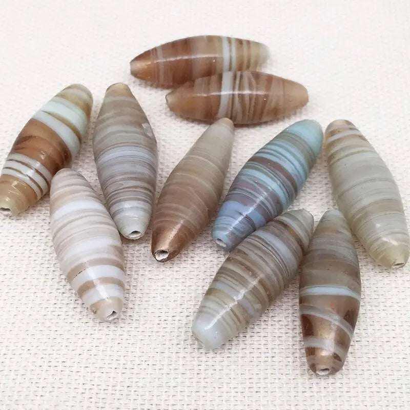 10 Vintage Brown Striped Oval Glass Beads - Sea Beads