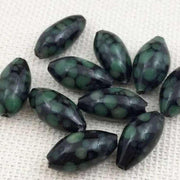 10 Vintage Green Black Japan Mottled Rice Oval Glass Beads - Sea Beads