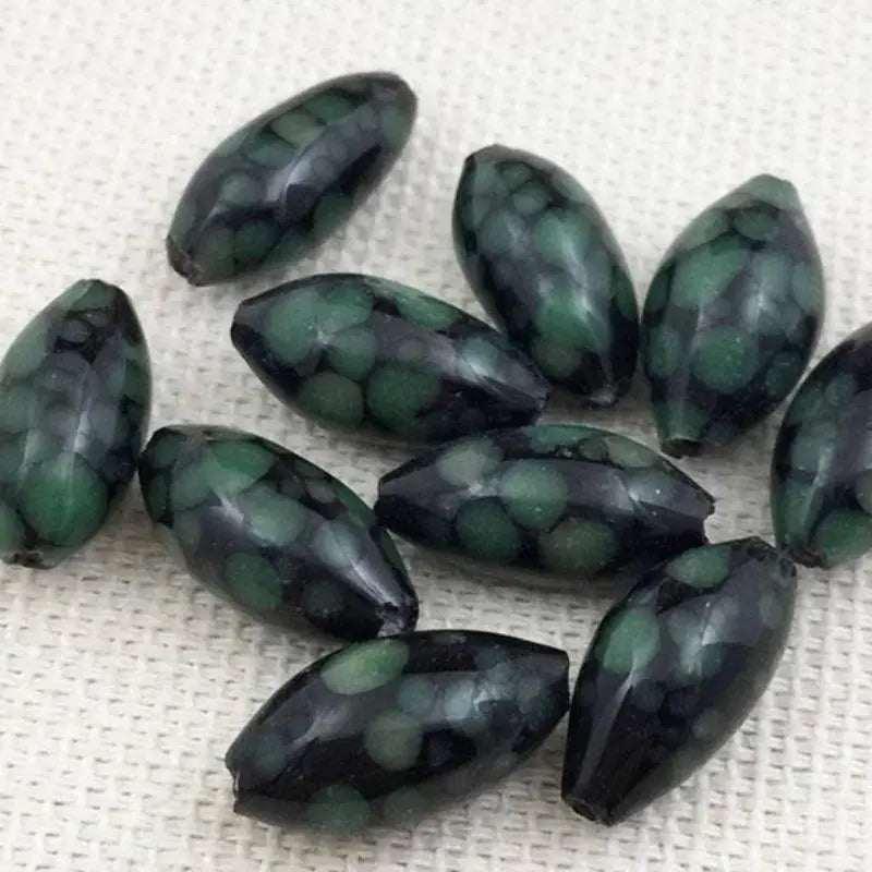 10 Vintage Green Black Japan Mottled Rice Oval Glass Beads - Sea Beads