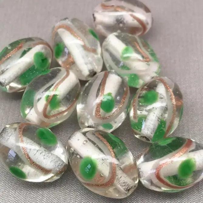 10 Vintage Green Clear Aventurine Oval Glass Beads - Sea Beads