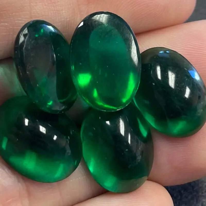 10 Vintage Green Emerald Czech Oval Glass Cabochons - Sea Beads