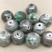 10 Vintage Green Grey Mottled Round Glass Beads - Sea Beads