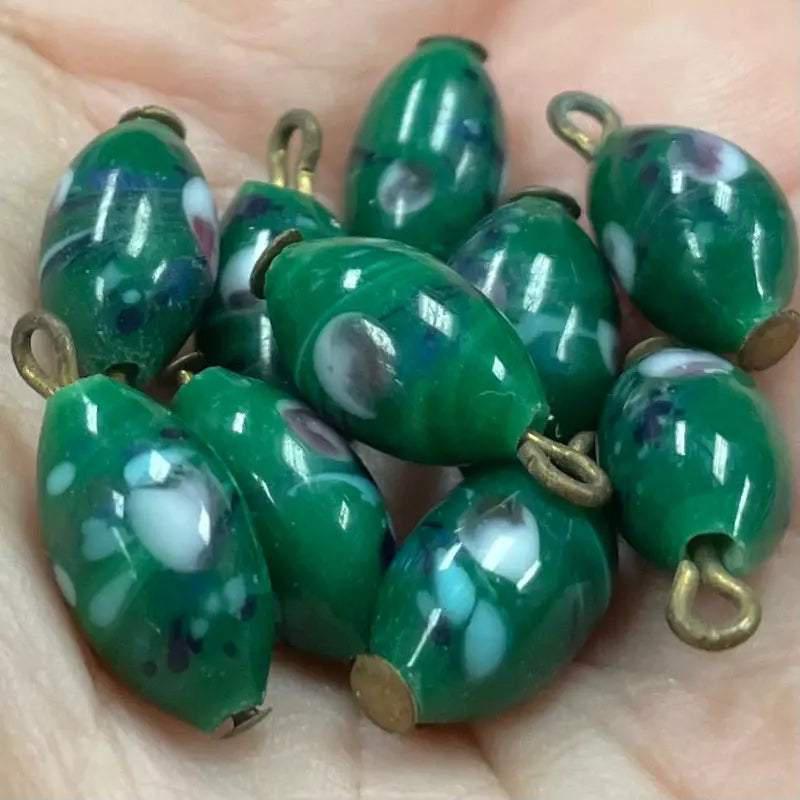 10 Vintage Green Japan Millefiori Oval Glass Charms - Sea Beads