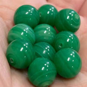 10 Vintage Green Japan Striped Round Glass Beads - Sea Beads