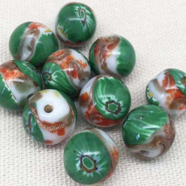 10 Vintage Green Orange Millefiori Round Glass Beads - Sea Beads