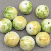 10 Vintage Green Yellow Japan Mottled Round Glass Beads - Sea Beads