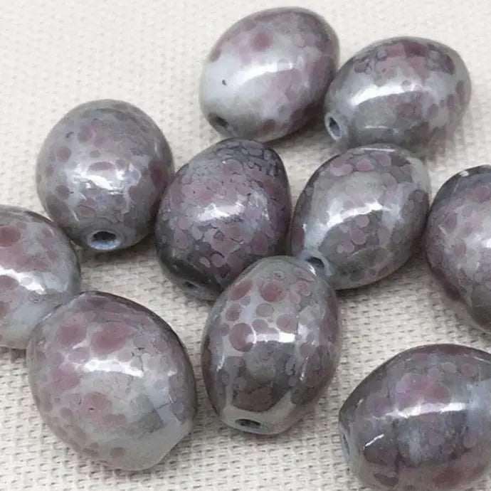 10 Vintage Grey Pink Mottled Oval Glass Beads - Sea Beads