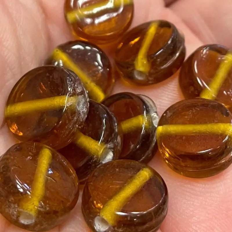 10 Vintage Handmade Golden Topaz Coin Glass Beads - Sea Beads