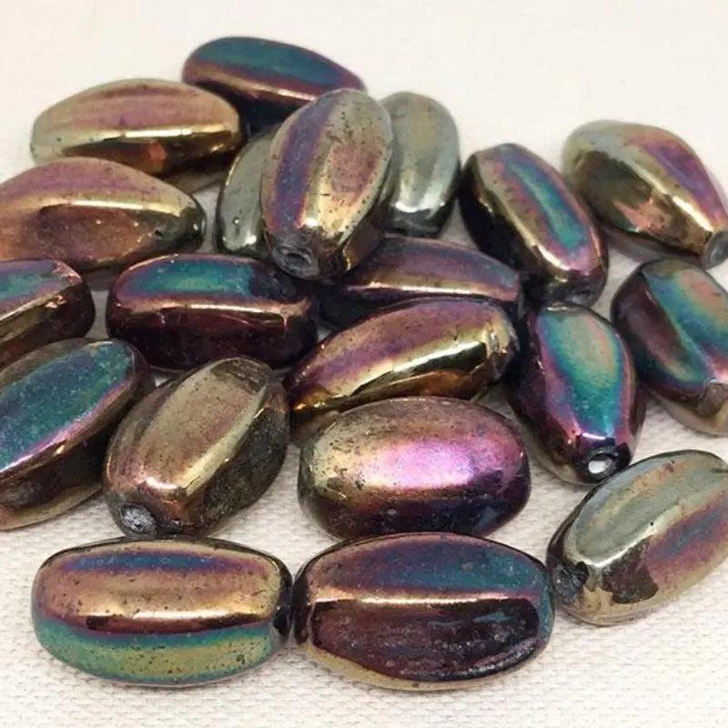 10 Vintage Handmade Metallic Oval Glass Beads - Sea Beads