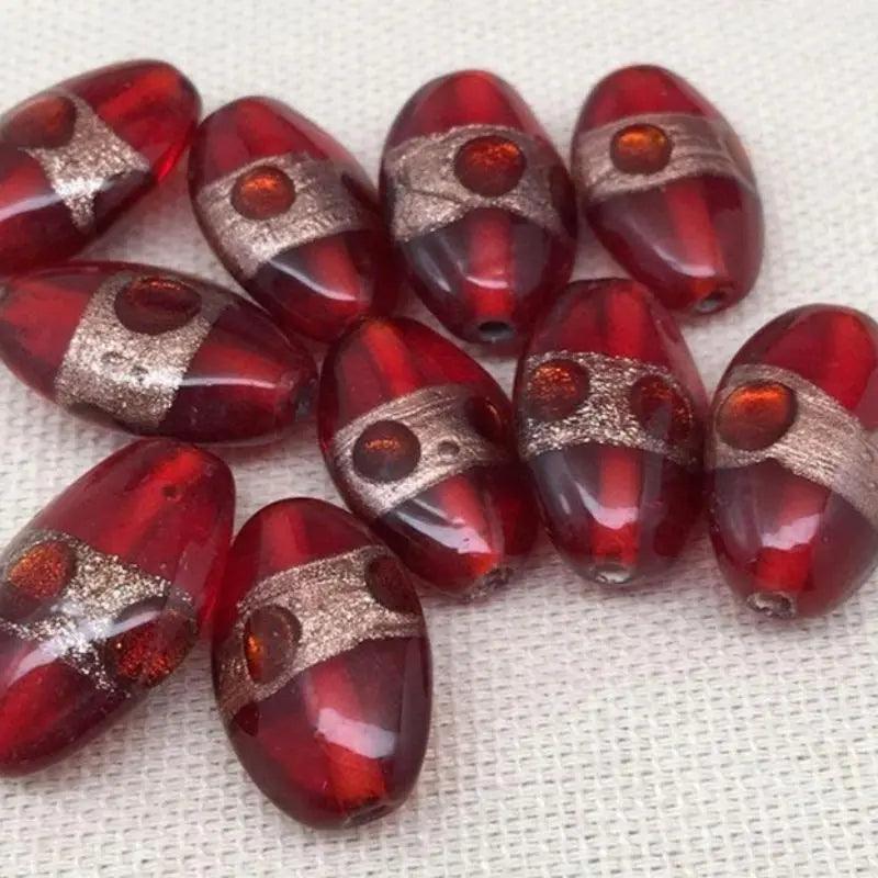 10 Vintage Handmade Red Oval Glass Beads Aventurine - Sea Beads