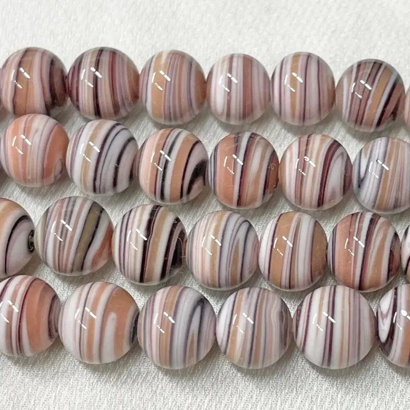 10 Vintage Brown Japan Round Striped Glass Beads - Sea Beads