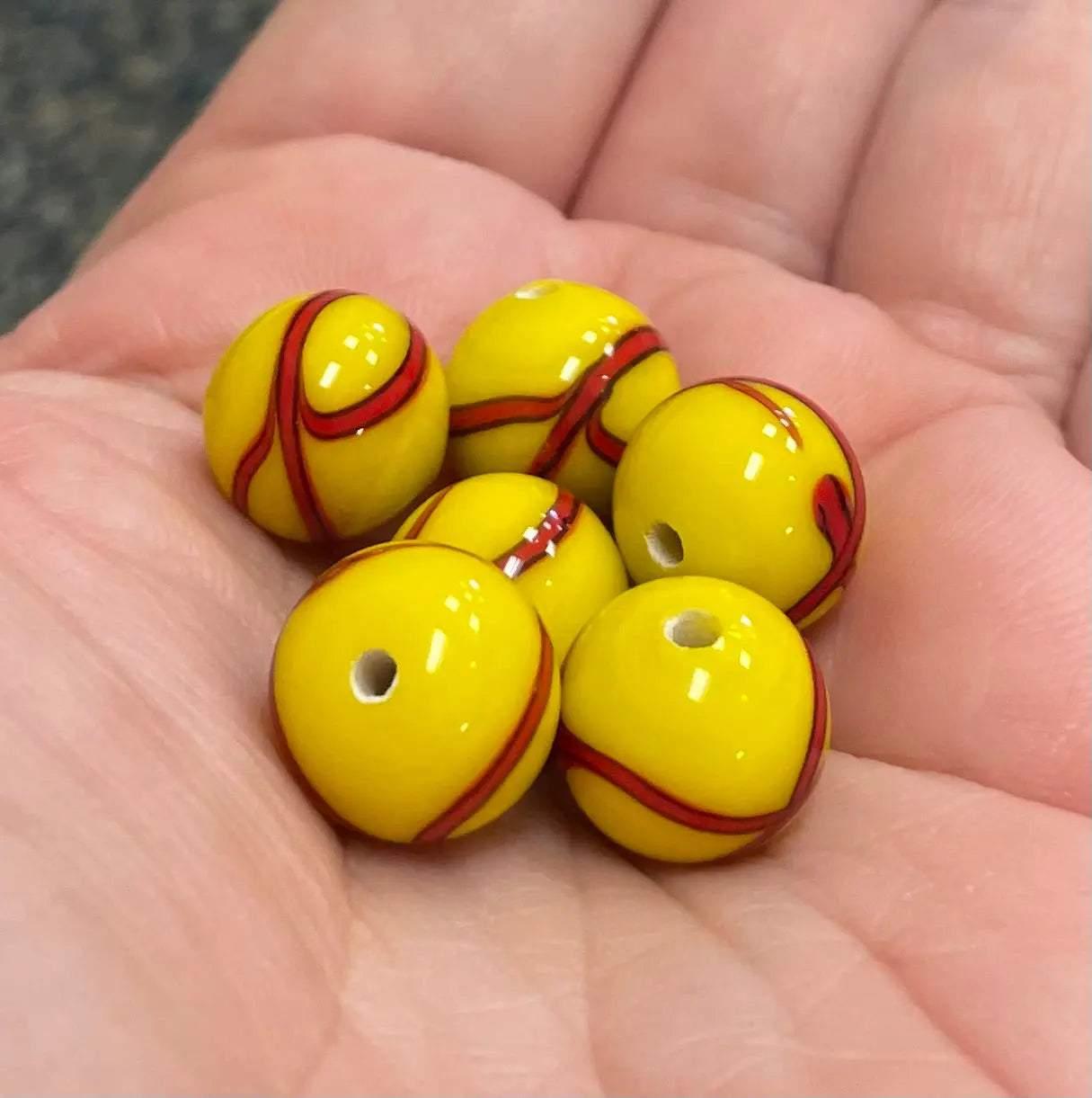 10 Vintage Japan Yellow Red Ribbon Striped Round Glass Beads #9213 - Sea Beads