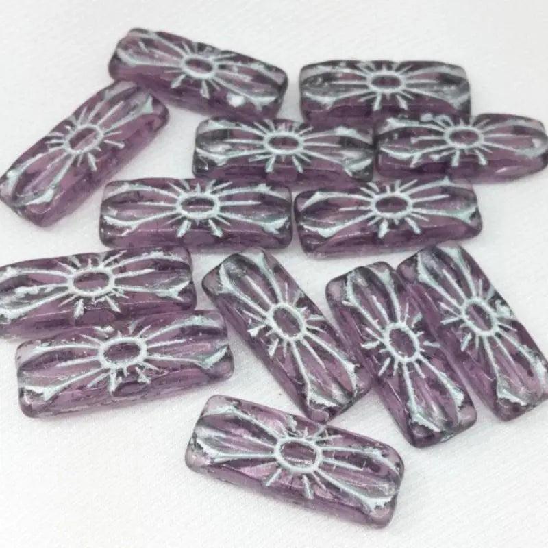 10 Vintage Light Amethyst Czech Carved Rectangle Glass Beads - Sea Beads