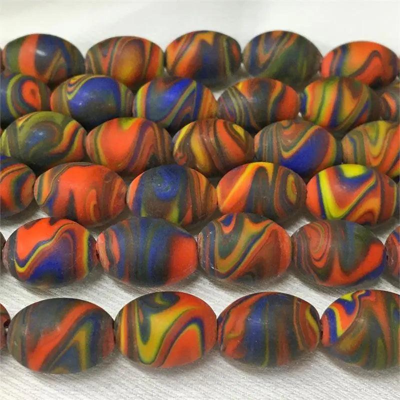 10 Vintage Mixed Japan Colorful Swirly Matte Oval Glass Beads - Sea Beads