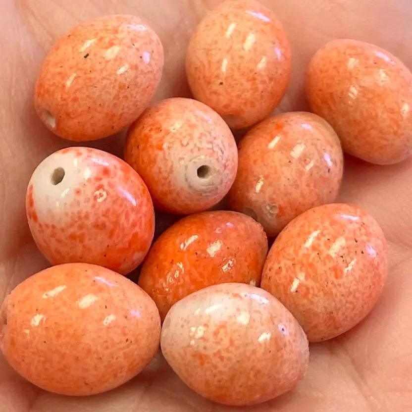10 Vintage Mottled Orange Oval Glass Beads - Sea Beads