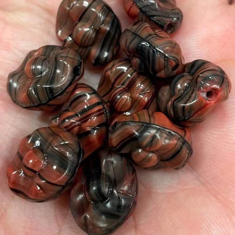 10 Vintage Orange Rust German Pressed Striped Oval Glass Beads - Sea Beads