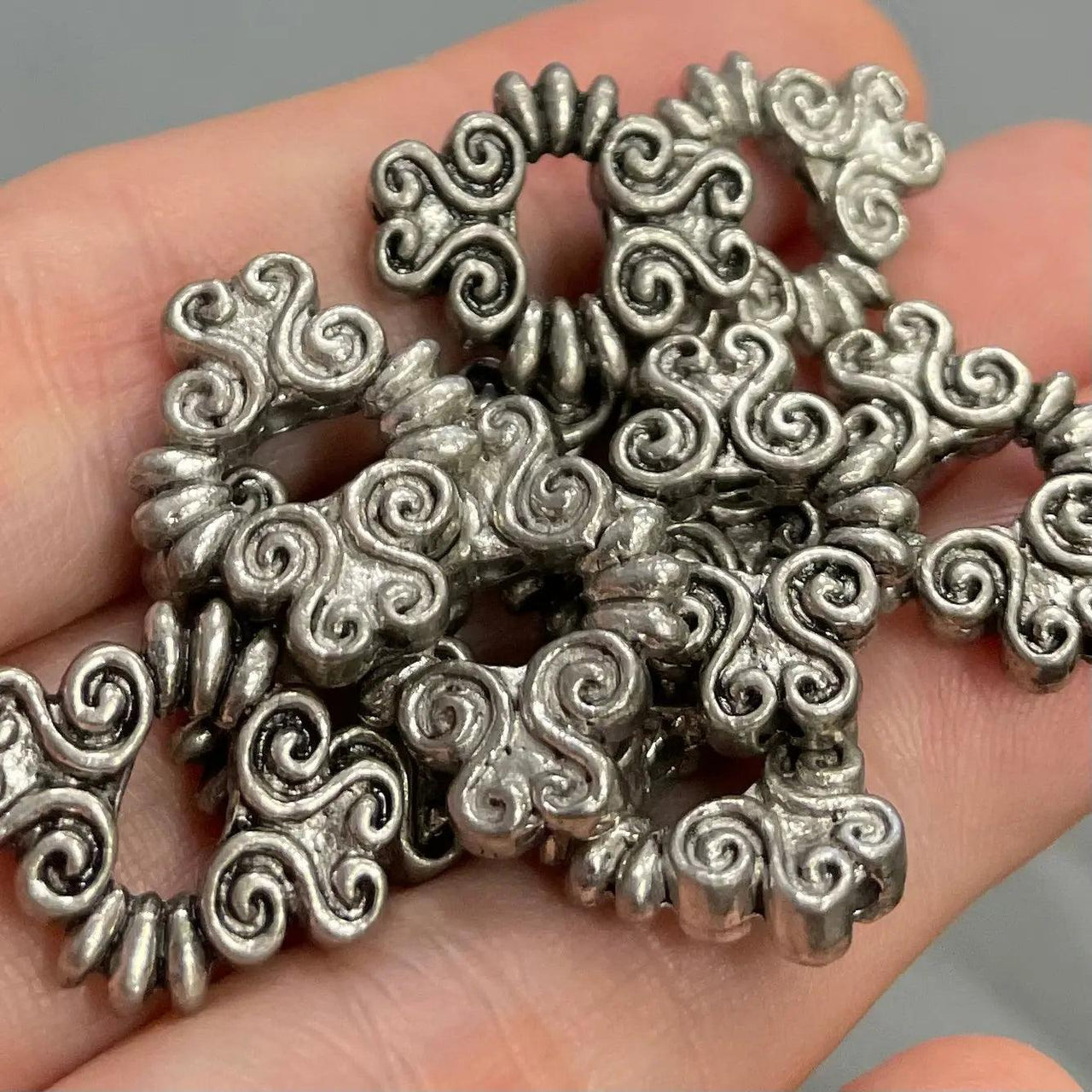 10 Vintage Silver Pewter Ornate Beads - Sea Beads