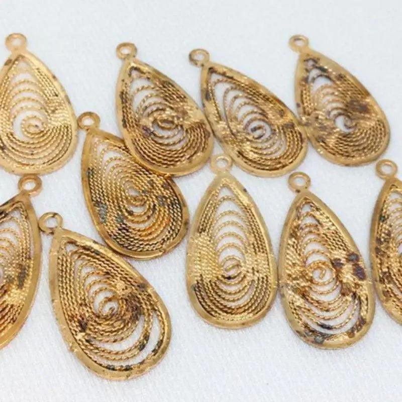 10 Vintage Brass Patina Textured Metal Pendants - Sea Beads