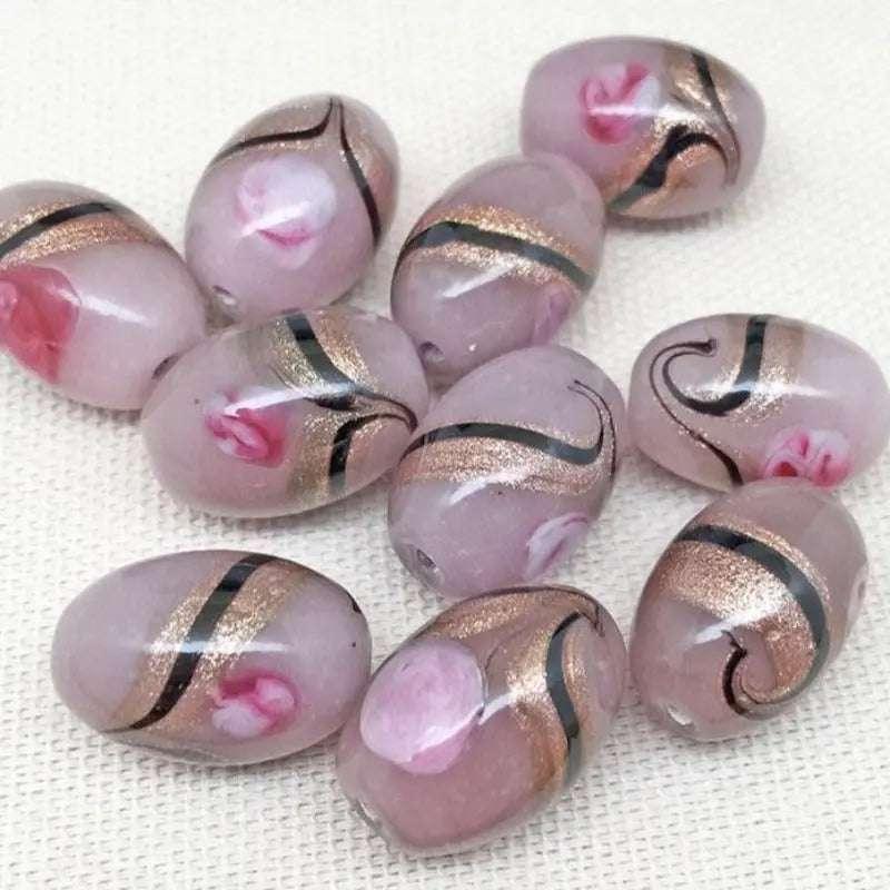 10 Vintage Pink Mauve Abstract Oval Glass Beads - Sea Beads