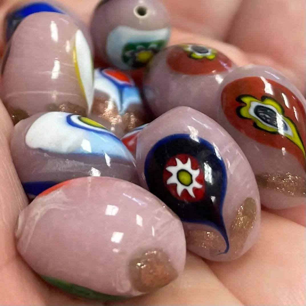 10 Vintage Pink Millefiori Oval Glass Beads - Sea Beads
