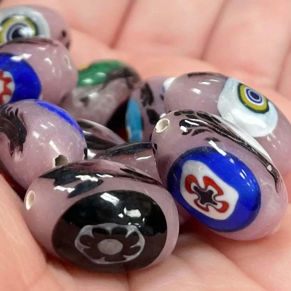 10 Vintage Pink Mauve Millefiori Oval Glass Beads - Sea Beads