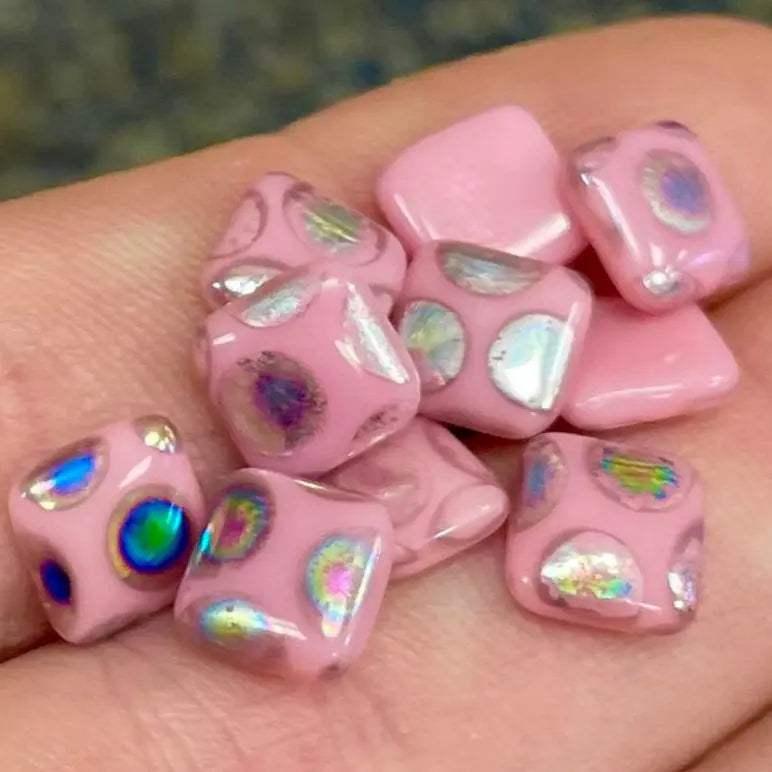24 Vintage Pink Polka Dot Square Glass Cabochons - Sea Beads