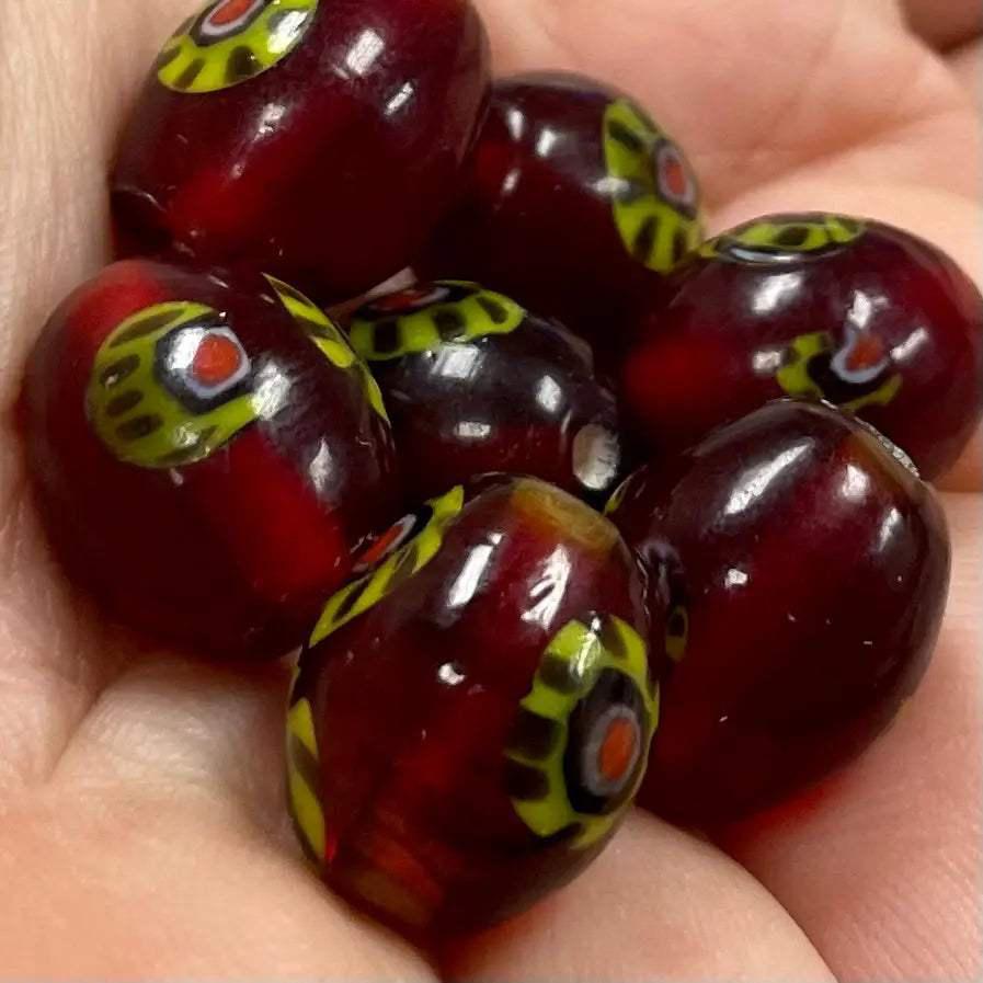 10 Vintage Red Millefiori Oval Glass Beads - Sea Beads