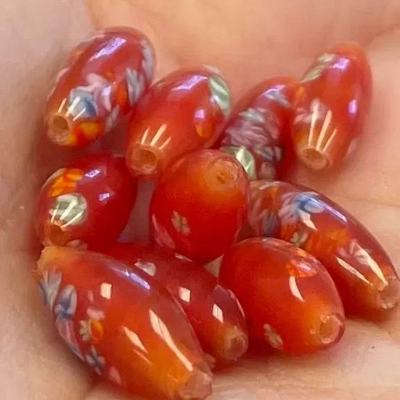 10 Vintage Red Orange Japan Millefiori Oval Glass Beads - Sea Beads