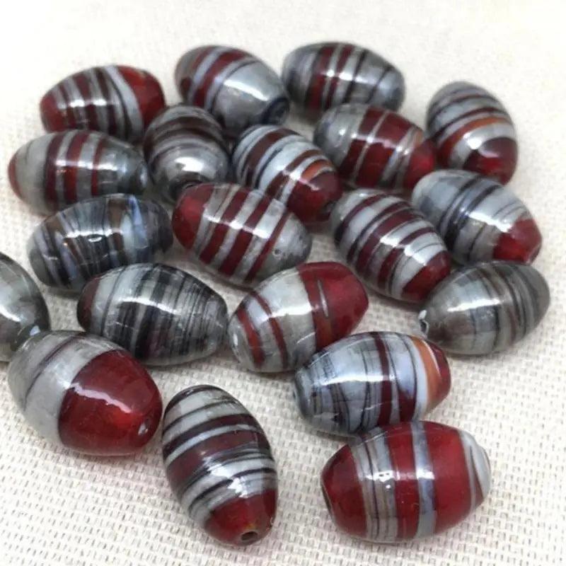 10 Vintage Red Silver Metallic Striped Oval Glass Beads - Sea Beads