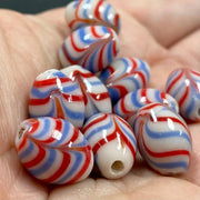 10 Vintage Red White Blue Chevron Oval Glass Beads - Sea Beads
