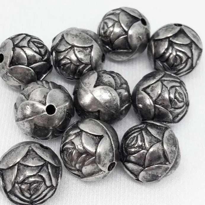 10 Vintage Silver Antiqued Acrylic Rose Beads - Sea Beads