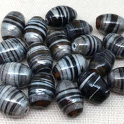 10 Vintage Silver Black Topaz Striped Oval Glass Beads - Sea Beads