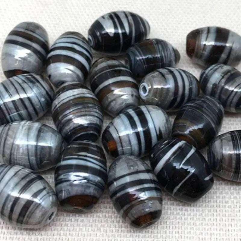 10 Vintage Silver Black Topaz Striped Oval Glass Beads - Sea Beads