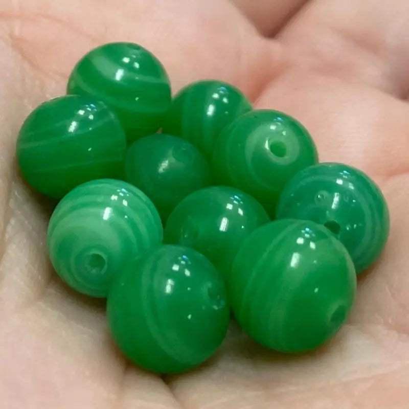 10 Vintage Green Japan Round Striped Glass Beads - Sea Beads