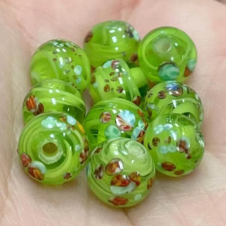 10 Vintage Green Millefiori Japan Striped Round Glass Beads - Sea Beads
