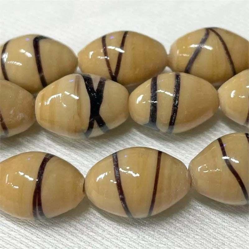 10 Vintage Beige Black Japan Striped Oval Glass Beads - Sea Beads